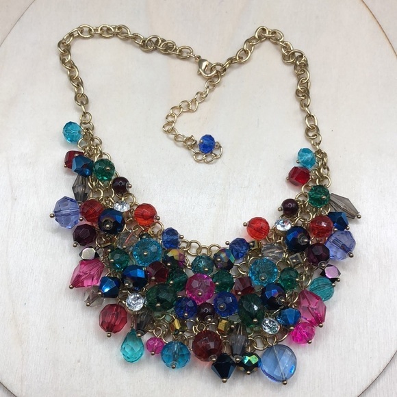 Jewelry - Gold tone colorful dazzling crystals chainmail bib necklace statement style.